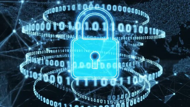 Digital padlock with binary code emphasizing futuristic concepts and connectivity