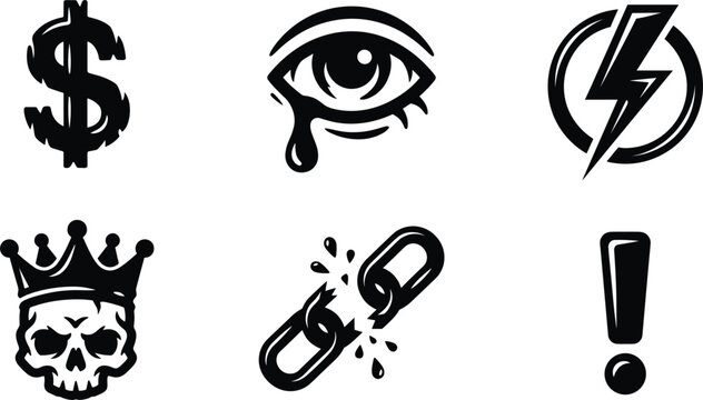 Edgy gothic icon set with skull crown dripping eye broken chain and urban street style symbols vector illustration