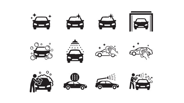 Car wash icon set with 12 black vector symbols, professional auto detailing and cleaning service signs, vehicle maintenance and pressure washing icons