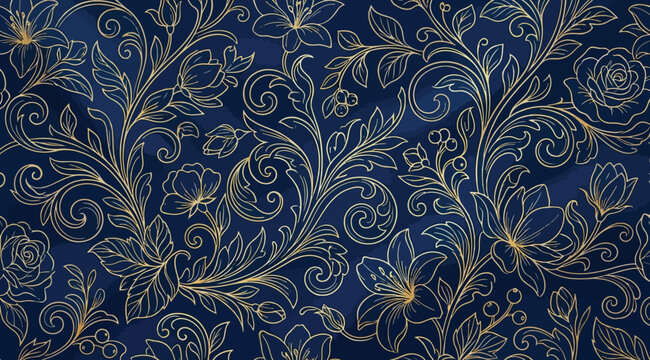 Elegant seamless pattern with golden floral ornament on a deep blue background, luxury vintage wallpaper design