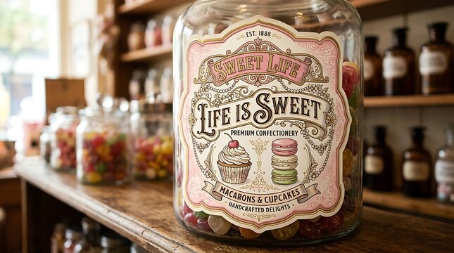 A large glass jar filled with colorful candies and a vintage "Life Is Sweet" label sits on a wooden shelf in a traditional sweet shop.