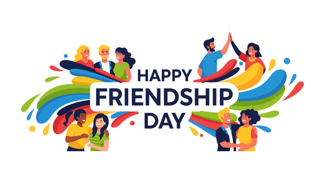 Happy Friendship Day: A vibrant illustration celebrating friendship with diverse groups of people sharing joyful moments and high-fives.