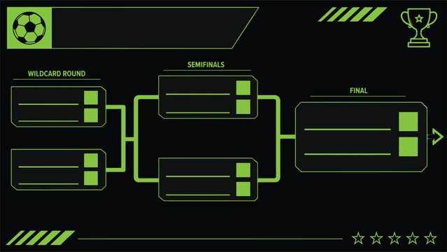 Soccer tournament bracket with wildcard round semifinals and final match progression on black background