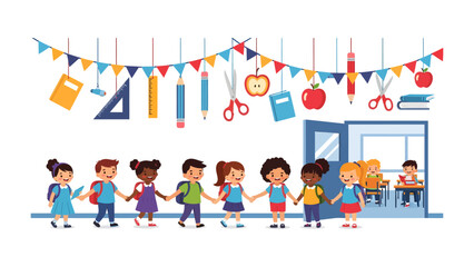 Fototapeta premium Back to School Celebration: A vibrant illustration depicts a diverse group of happy children, holding hands and forming a chain, ready to start their school journey.