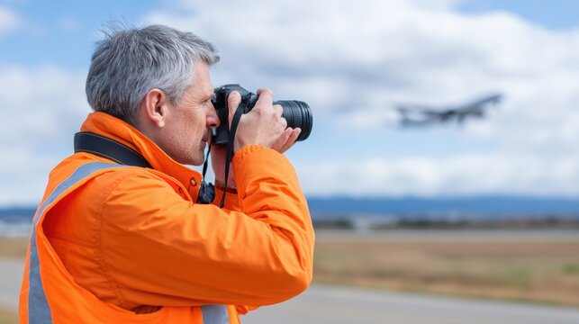 Male photographer in orange safety jacket captures aircraft taking off with a camera on an airfield under a cloudy sky, showcasing aviation photography