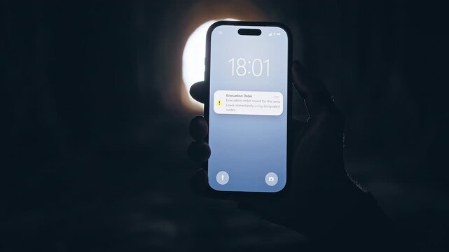 Smartphone Displaying Evacuation Order Notification Inside Dark Tunnel, Cinematic Emergency Scene About Disaster Escape and Public Safety