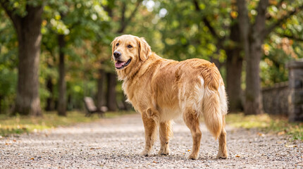 A beautiful golden retriever dog stands on a gravel path in a lush green park during autumn. © Nicholas