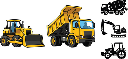 Heavy Construction Vehicle Vector Set featuring Yellow Dump Truck and Bulldozer Illustrations alongside Black Machinery Silhouette Icons for Building Site Graphic Design © rumi
