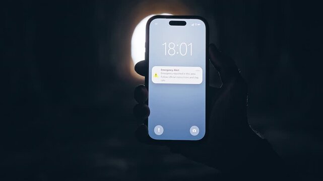 Smartphone Showing Emergency Alert Notification Inside Dark Underground Tunnel, Cinematic Crisis Communication Scene About Public Safety and Survival