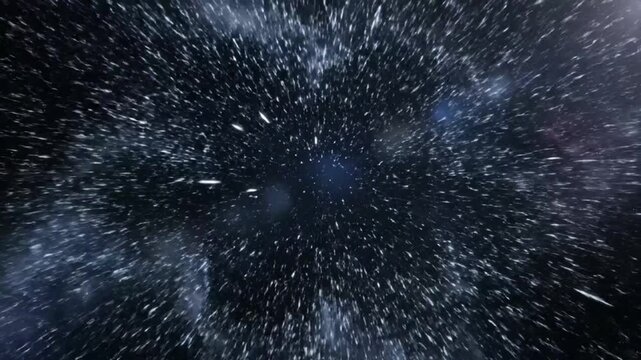 Epic spaceship hyperspace travel through a black starry cosmic tunnel into the unknown deep space universe