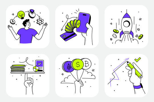A clean and modern set of 6 wobbly style fintech illustrations designed for mobile apps, dashboards, and financial products. The pack covers essential finance use cases like payments, analytics, money