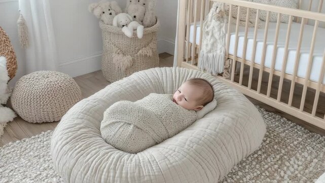 selective focus parent gently swaddling infant on soft changing pad in modern stylish baby room with calm lighting