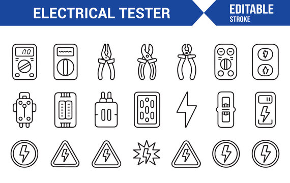 Black Outline Electrical Tools and Voltage Warning Icons