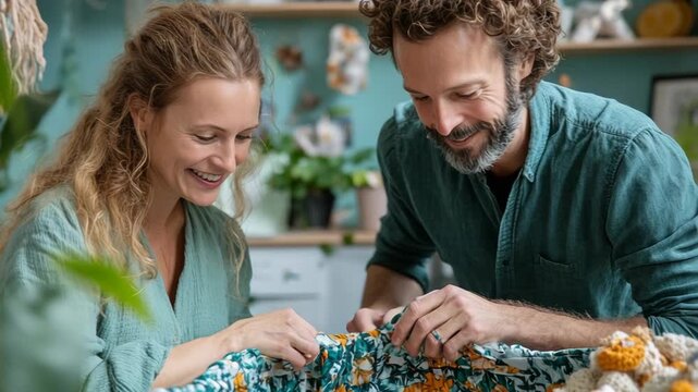 selective focus parents smiling while arranging nursery with baby crib blankets and stuffed toys
