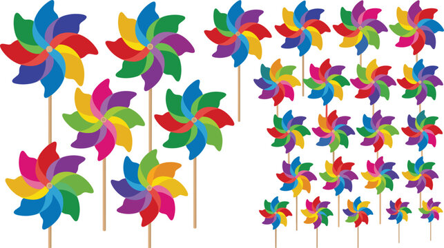 Rainbow Colored Pinwheels Vector Set with Multi Blade Wind Spinners of Various Sizes on Wooden Sticks for Summer Festivals and Pride Events