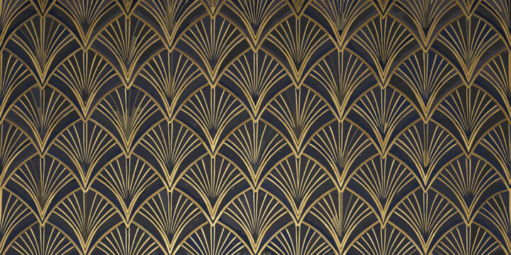 art deco fan pattern in gold and dark blue