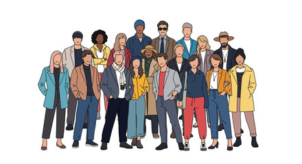 Obraz premium Diverse group of people in various stylish outfits standing together representing community social inclusion and global unity.