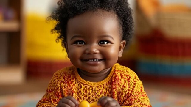 selective focus curious baby playing with toy drum shaking rattle and smiling in cozy child friendly room