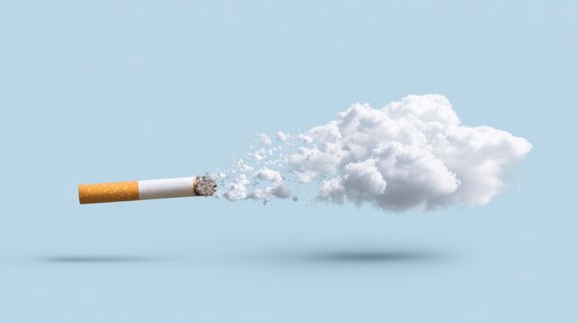 No Tobacco Day 2026 A burning cigarette emitting smoke that transforms into a cloud against a light blue background.