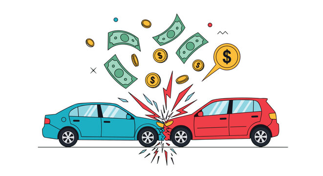 Car accident insurance concept showing two cars colliding with money and coins flying in the air for compensation claims.