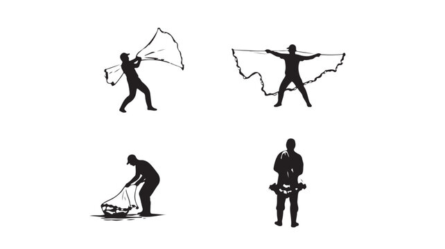 Fisherman silhouette vector set, traditional fishing net casting poses, artisanal fisherman catching fish with hand nets, black and white graphic icons