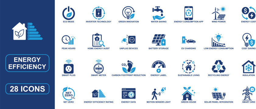 Energy Efficiency and Smart Home Solid Icon Set Featuring Smart Meter, Net Zero, Insulation, Solar Power, Cost Saving and Sustainable Living Vector Icons Collection