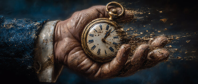 Vintage pocket watch dissolving in hand with abstract time concept