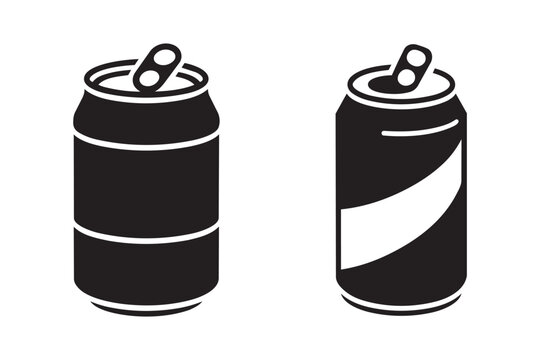 Black silhouettes of aluminum beverage cans with pull tabs. Drink container mockups with simple labels for refreshment designs. Isolated metal cans.