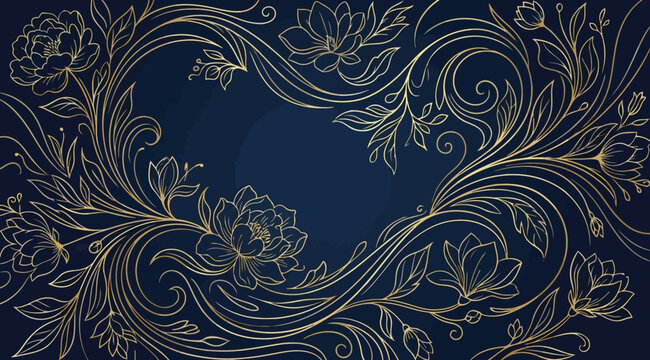 Abstract ornate golden floral pattern on deep blue background, swirling vines, leaves, and blooming flowers in symmetrical elegant composition, luxurious decorative design for modern art, wallpaper, a