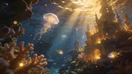 Fototapeta premium Underwater Fantasy Castle Scene with Glowing Jellyfish and Coral Reefs