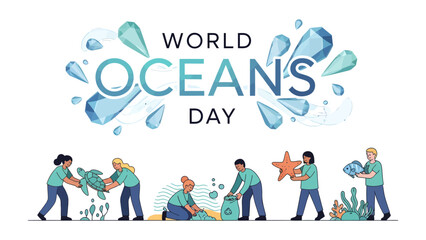 Fototapeta premium World Oceans Day Celebration: People unite to clean the ocean, protecting marine life and celebrating World Oceans Day.