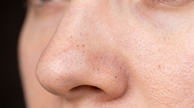 Close Up of Human Nose with Visible Blackheads and Enlarged Pores on Skin