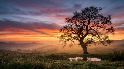 Fototapeta premium Majestic Old Tree Silhouette at Colorful Sunrise Over Rolling Hills