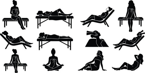Obraz premium People relaxing in various massage chair poses isolated on white background, Vector