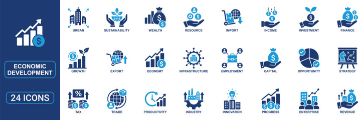 Fototapeta premium Economic Development Flat Icon Set Featuring Finance, Growth, Investment, Industry, Employment, Trade, Innovation, Productivity, Revenue and Wealth Vector Symbols for Business