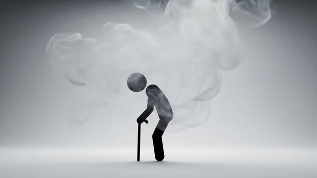 Creative 3D Animation of a Stick Figure's Head Transforming Into Smoke on a Gray Background Representing Life