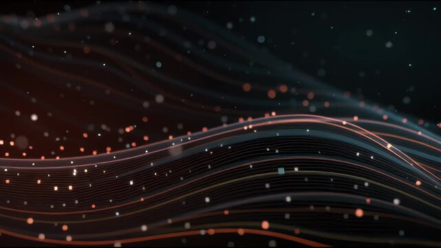 Abstract economic growth visualization with curved luminous graph lines and floating particles, cinematic depth, realistic digital art, no text