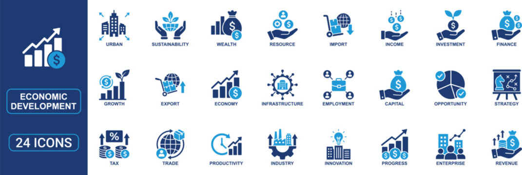 Economic Development Flat Icon Set Featuring Finance, Growth, Investment, Industry, Employment, Trade, Innovation, Productivity, Revenue and Wealth Vector Symbols for Business