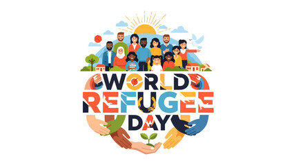 World Refugee Day: A vibrant illustration celebrating World Refugee Day, showing hands cradling a seedling, symbolizing hope and new beginnings, while a diverse group of people stands above. © Hussain