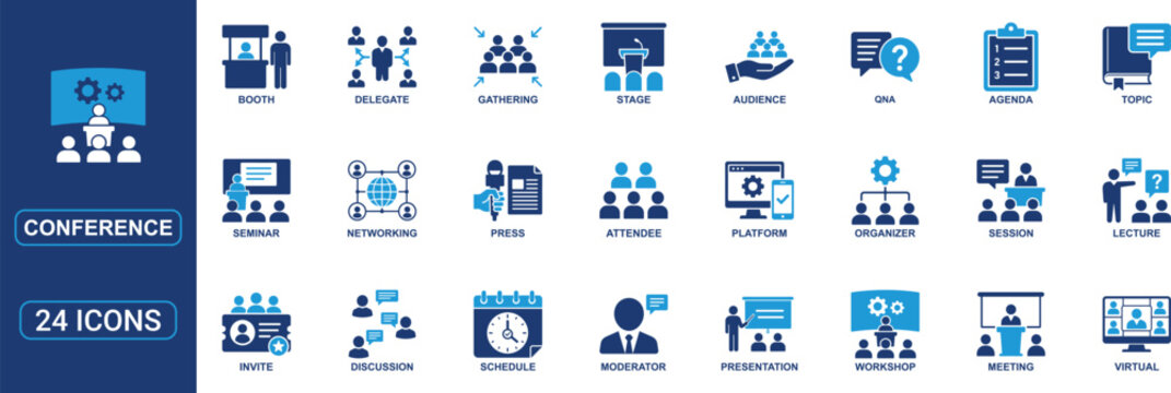 Conference Flat Icon Set Collection Featuring Meeting, Seminar, Workshop, Networking, Presentation, Audience, Agenda, Session, Moderator and Virtual Event Icons