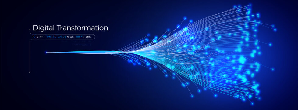 Digital business transformation data network smart communication technology concept. AI abstract blue futuristic background, data flow information, innovation future tech system. Vector illustration