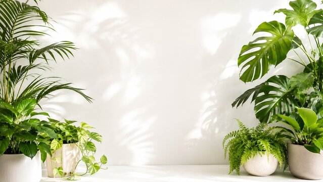 グリーン観葉植物と白背景のナチュラル背景素材