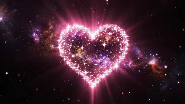 Shining pink heart shape sparkles in the vast universe and space background with galaxy elements