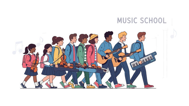 Music School March: A group of children, each carrying a musical instrument, stride confidently towards a music school, their path illuminated by a symphony of musical notes.