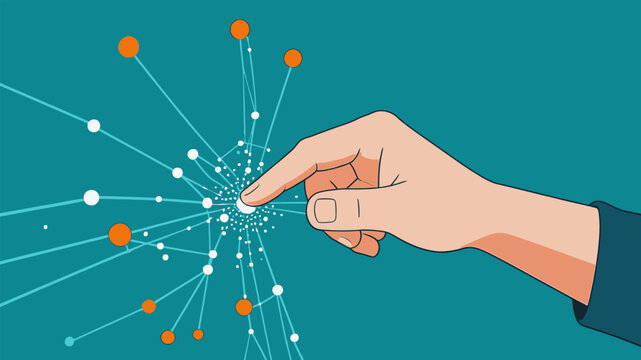 A Hand Interacting With a Connected Data Network Visualization