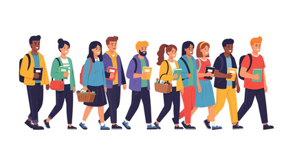 Obraz premium Diverse Students in Motion: A group of young, diverse students walks purposefully forward, each carrying books and backpacks, ready to embark on their educational journey.