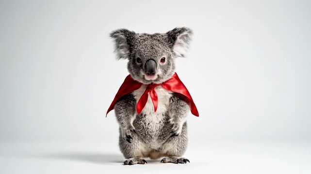 Funny Koala Wearing Red Superhero Cape Dancing on White Background Cute Animal Character Concept