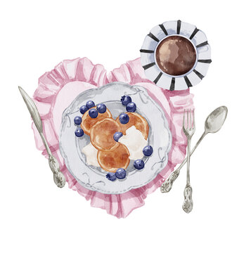 Watercolor cottage cheese puncakes coffee breakfast