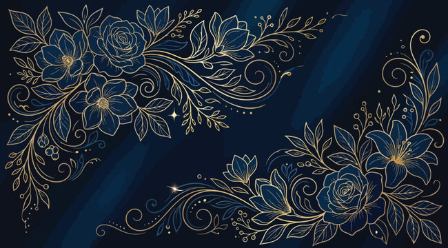 Elegant floral corner composition with golden line art flowers and leaves on a deep navy blue background