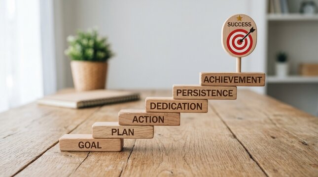 Steps to Success Staircase with Goal Plan Action and Bullseye Target